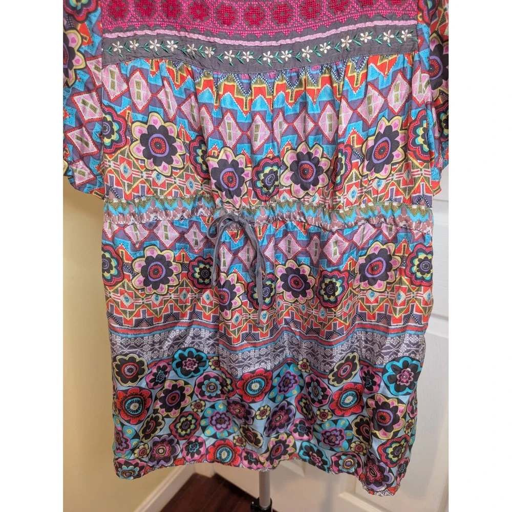 Johnny Was Silk‎ Blouse Boho Embroidered Peasant Short Sleeve - Size XS